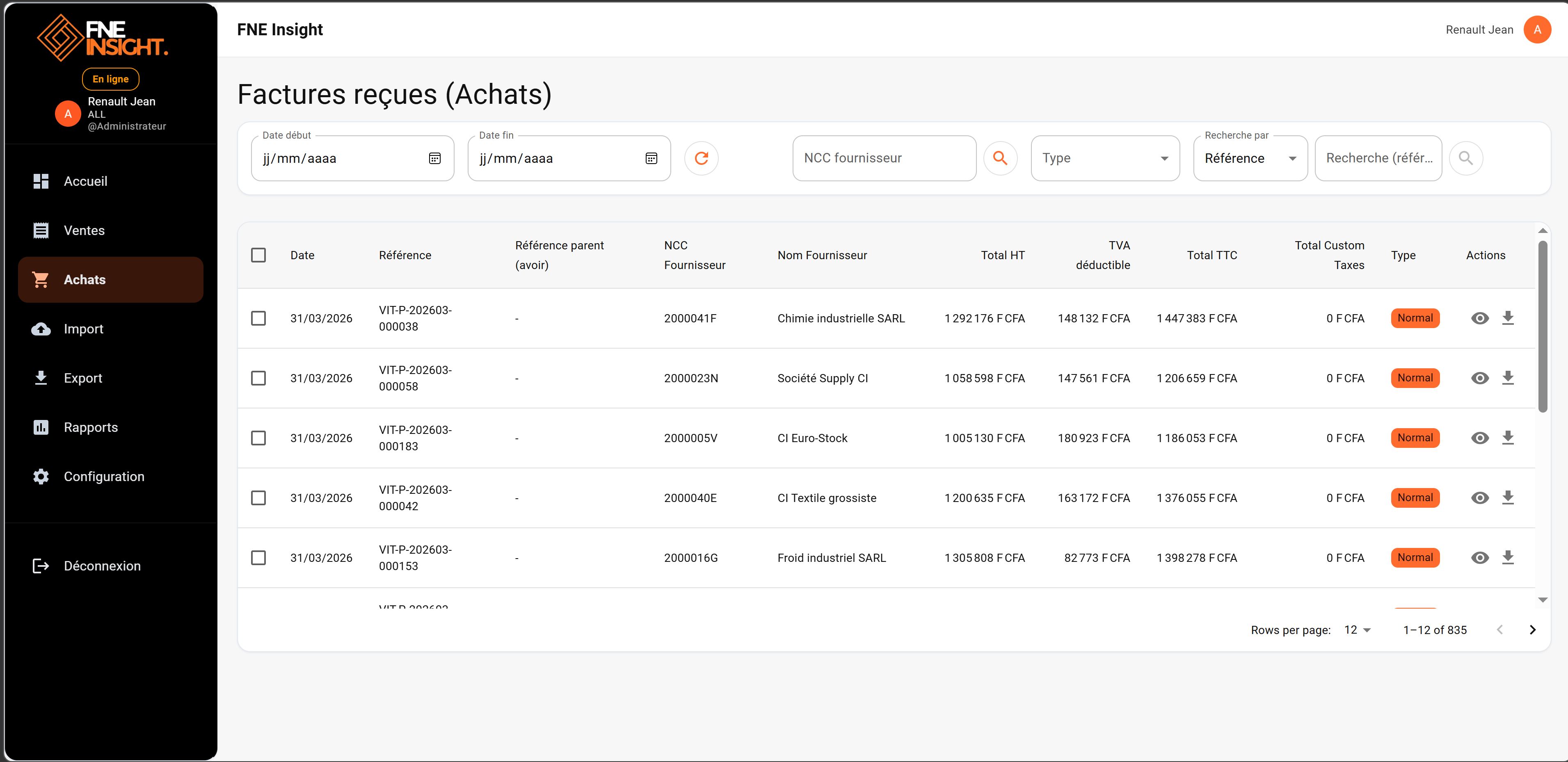 Écran achats et suivi fournisseurs